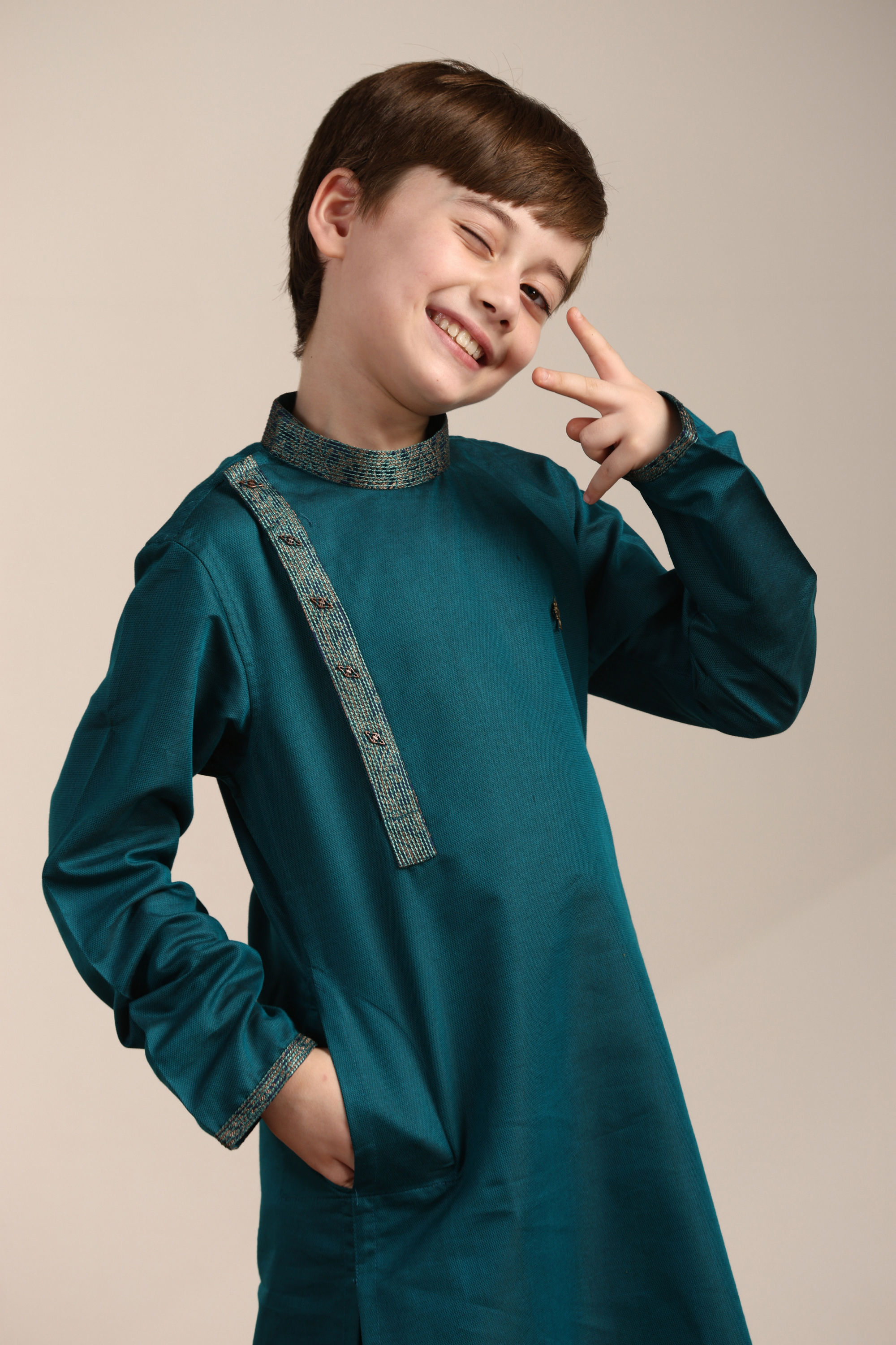 Manyavar Boys Boys Hunter Green Angrakha Style Kurta Set