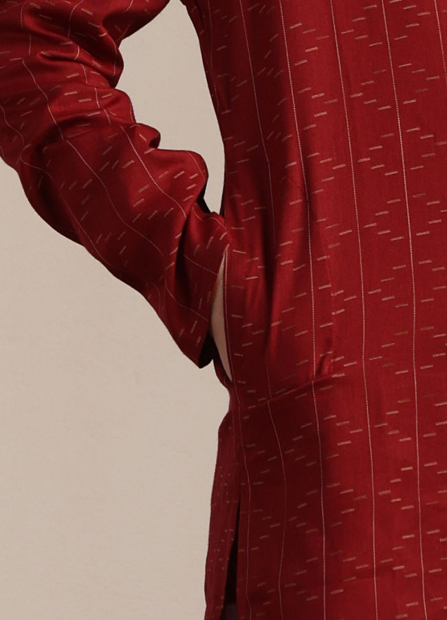 Manyavar Boys Boys Coral Red Self Patterned Kurta Set