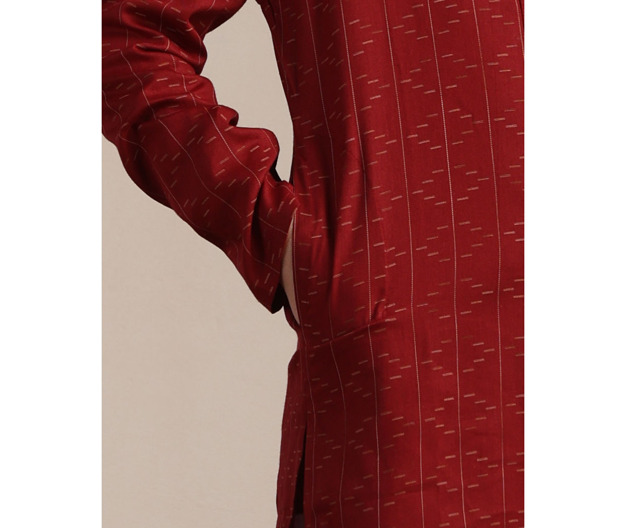 Manyavar Boys Boys Coral Red Self Patterned Kurta Set