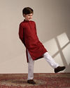 Manyavar Boys Boys Coral Red Self Patterned Kurta Set