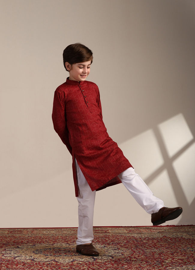 Manyavar Boys Boys Coral Red Self Patterned Kurta Set