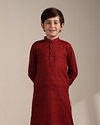 Manyavar Boys Boys Coral Red Self Patterned Kurta Set