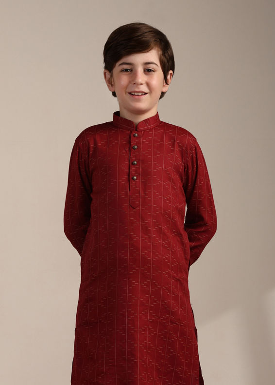 Manyavar Boys Boys Coral Red Self Patterned Kurta Set