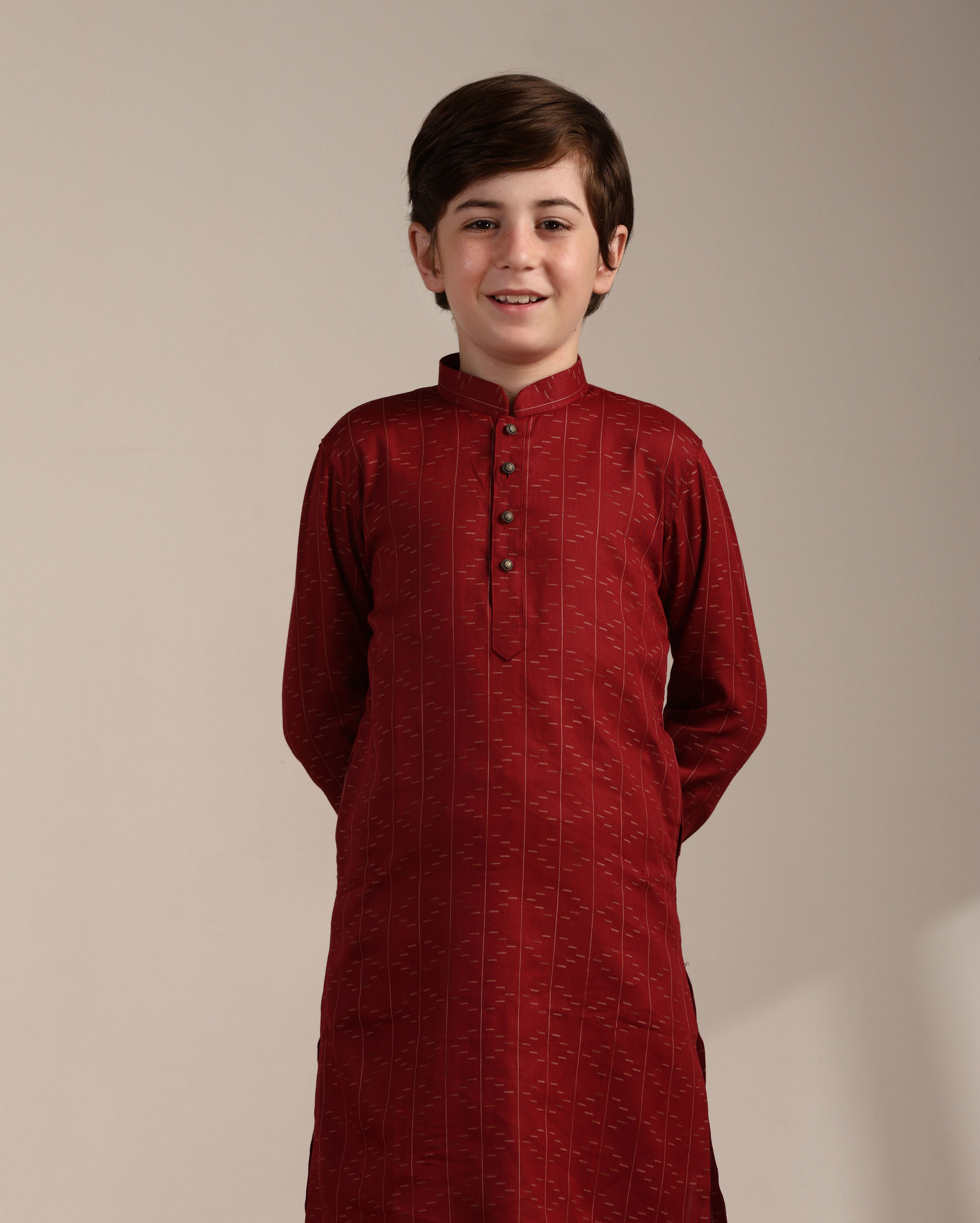 Manyavar Boys Boys Coral Red Self Patterned Kurta Set