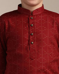 Manyavar Boys Boys Coral Red Self Patterned Kurta Set