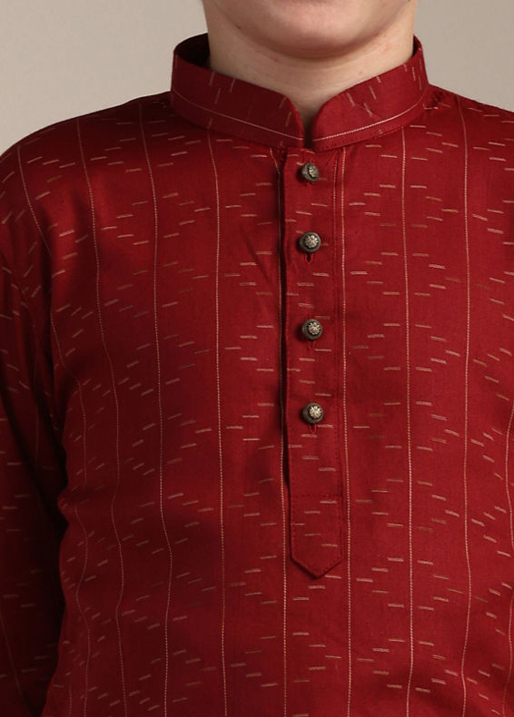 Manyavar Boys Boys Coral Red Self Patterned Kurta Set