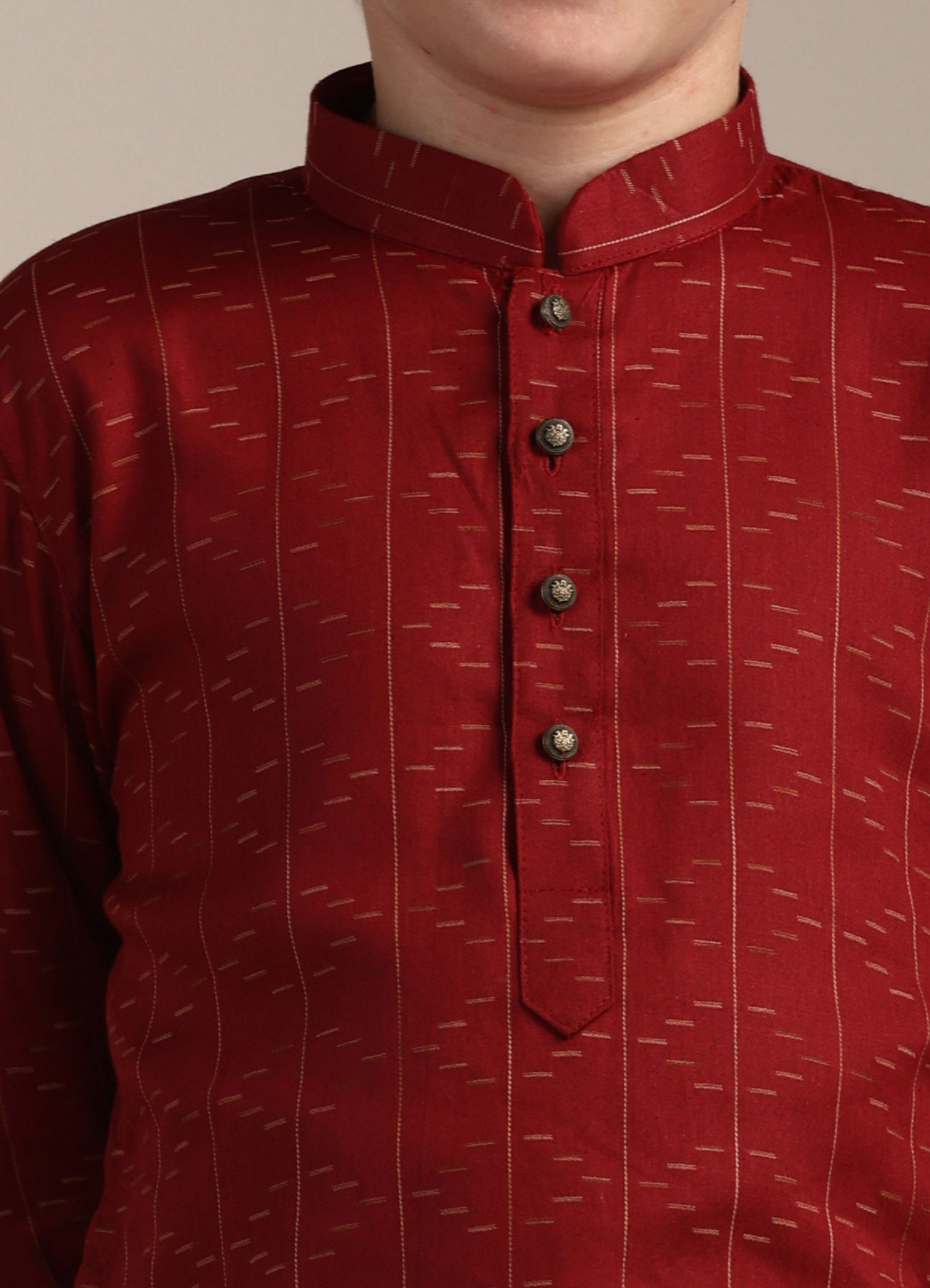 Manyavar Boys Boys Coral Red Self Patterned Kurta Set