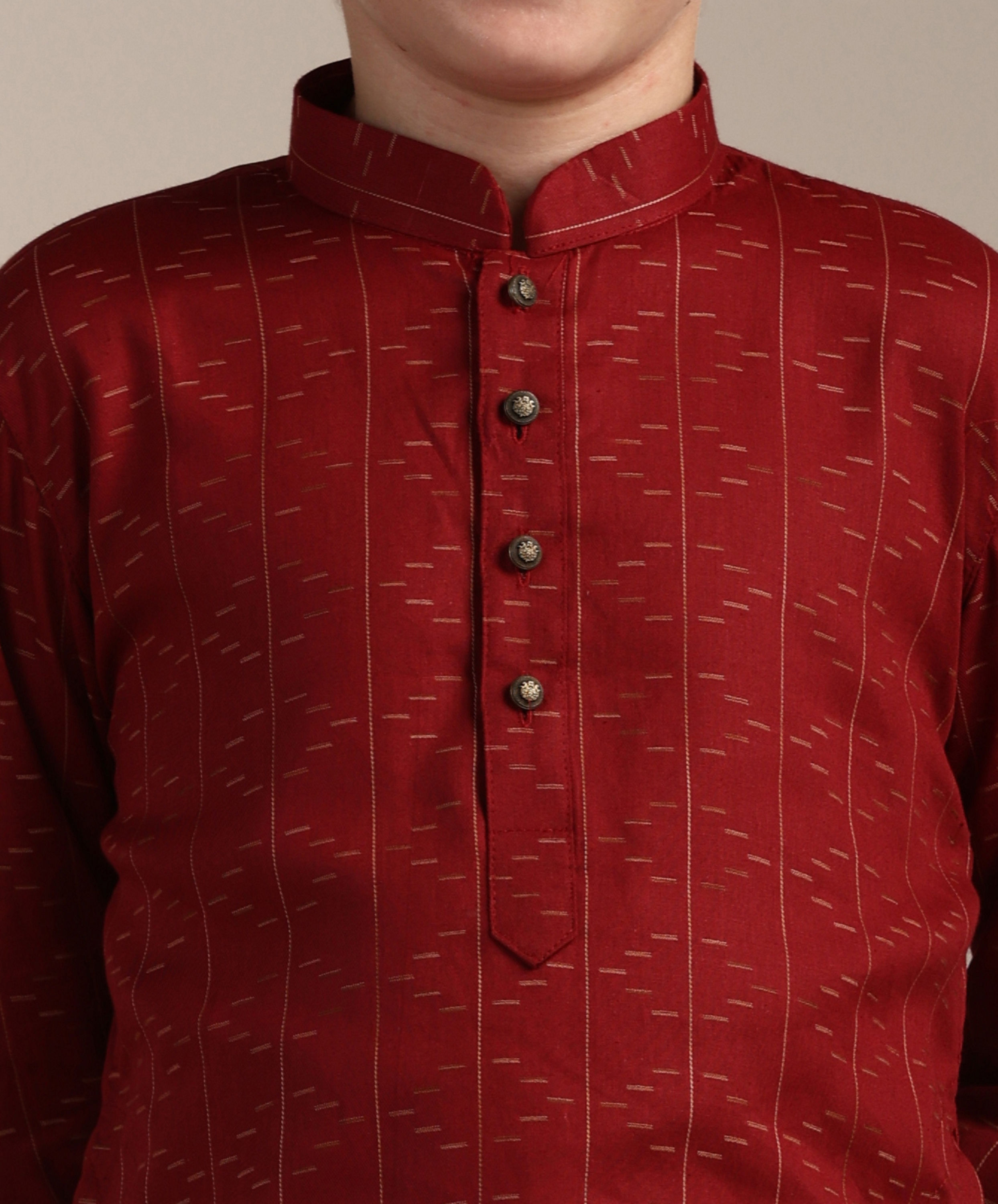 Manyavar Boys Boys Coral Red Self Patterned Kurta Set