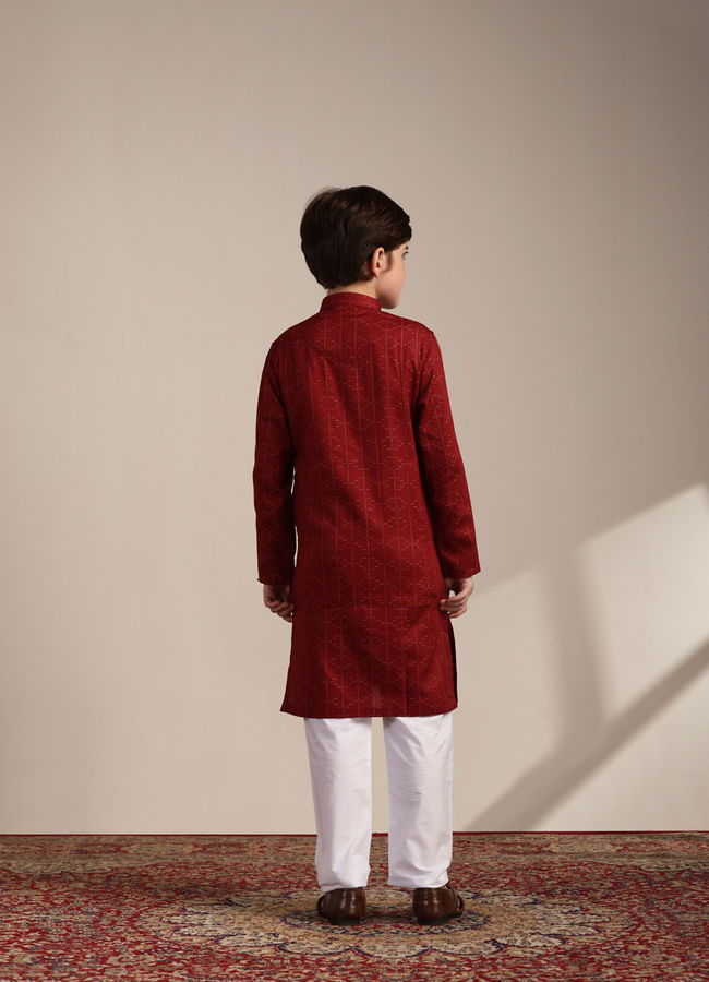 Manyavar Boys Boys Coral Red Self Patterned Kurta Set
