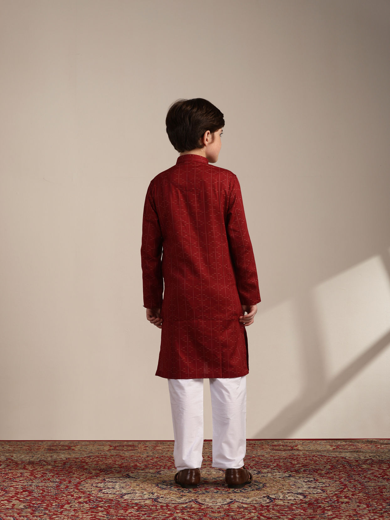 Manyavar Boys Boys Coral Red Self Patterned Kurta Set
