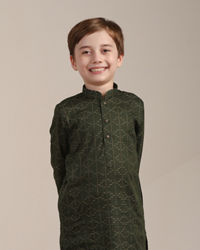 Manyavar Boys Boys Summer Green Self Patterned Kurta Set