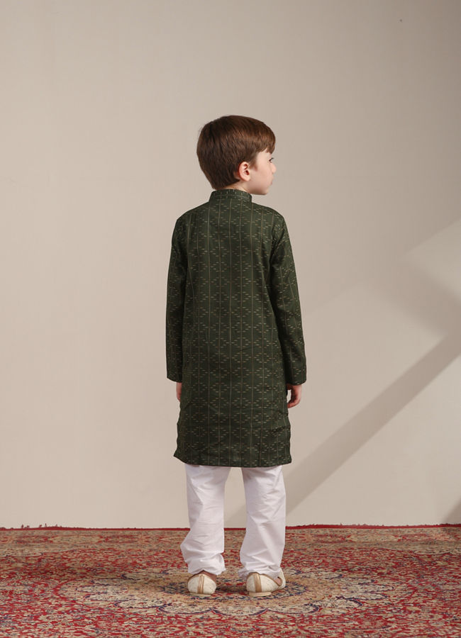 Boys Summer Green Self Patterned Kurta Set image number 5