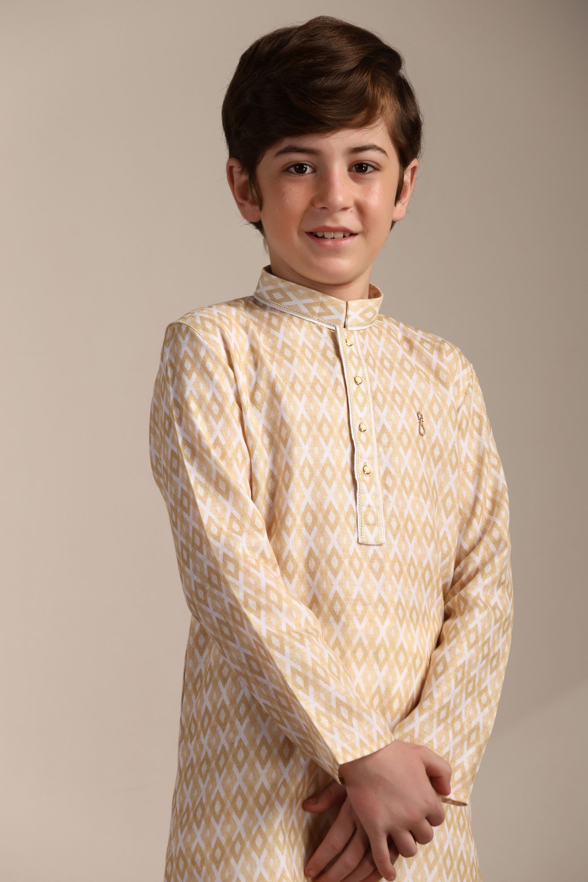Manyavar Boys Boys Biscuit Beige Criss Cross Patterned Kurta Set