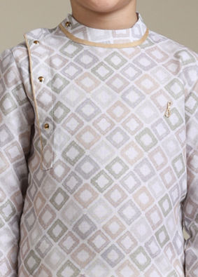 alt message - Manyavar Boys Boys Warm White Square Print Angrakha Kurta Set image number 1