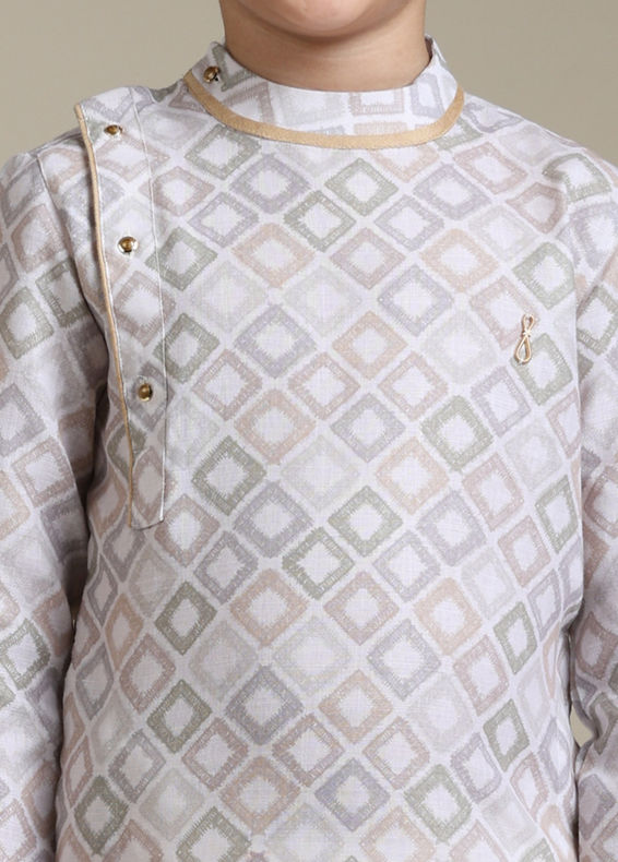 Manyavar Boys Boys Warm White Square Print Angrakha Kurta Set
