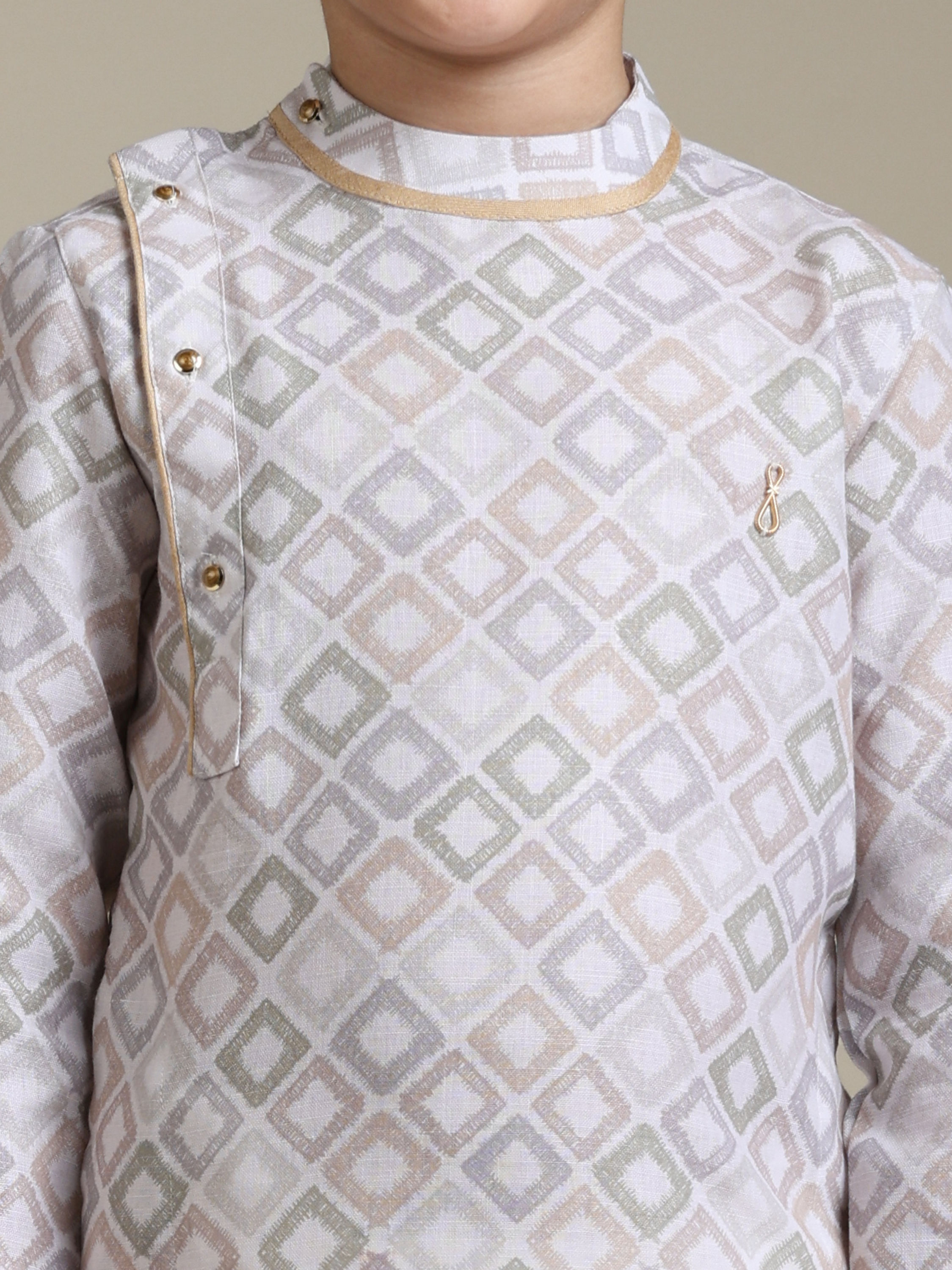 Manyavar Boys Boys Warm White Square Print Angrakha Kurta Set