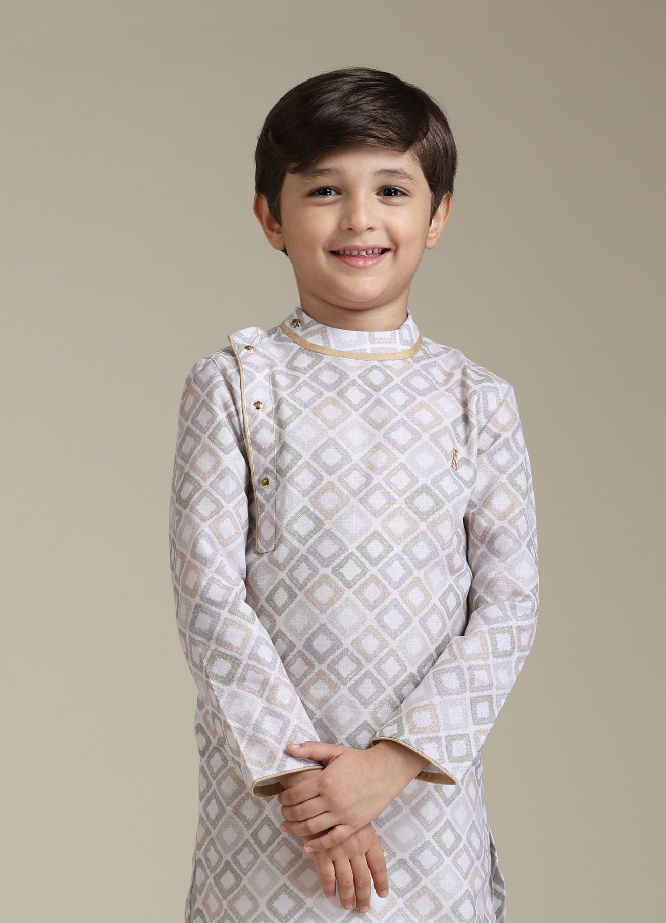 Manyavar Boys Boys Warm White Square Print Angrakha Kurta Set
