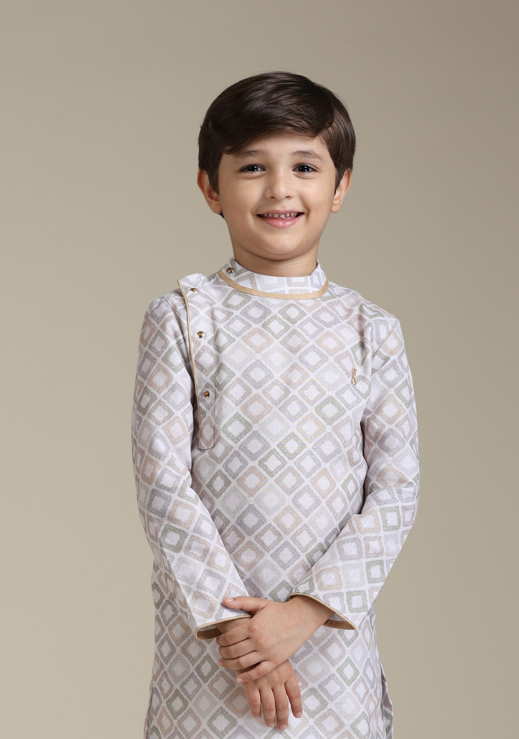 Manyavar Boys Boys Warm White Square Print Angrakha Kurta Set