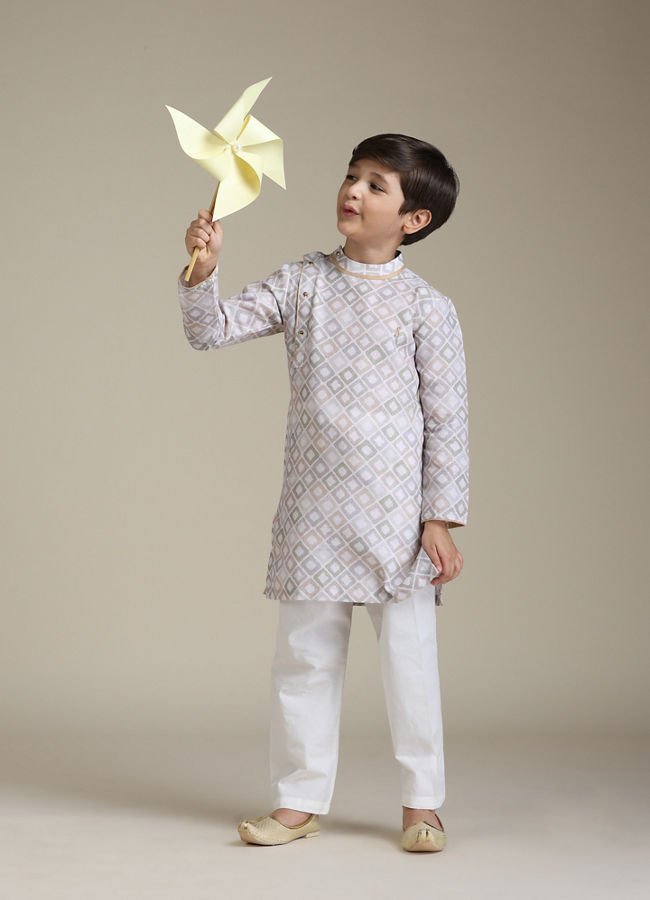 Manyavar Boys Boys Warm White Square Print Angrakha Kurta Set