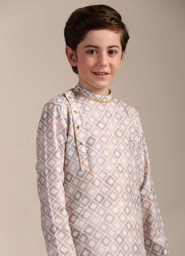 Boys Warm White Square Print Angrakha Kurta Set image number 0