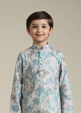 alt message - Manyavar Boys Boys Aqua Green Floral Printed Kurta Set image number 0