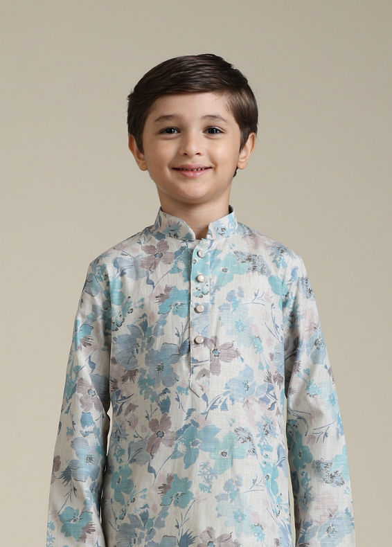 Manyavar Boys Boys Aqua Green Floral Printed Kurta Set