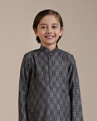 Manyavar Boys Boys Dark Blue Medallion Jaal Patterned Kurta set