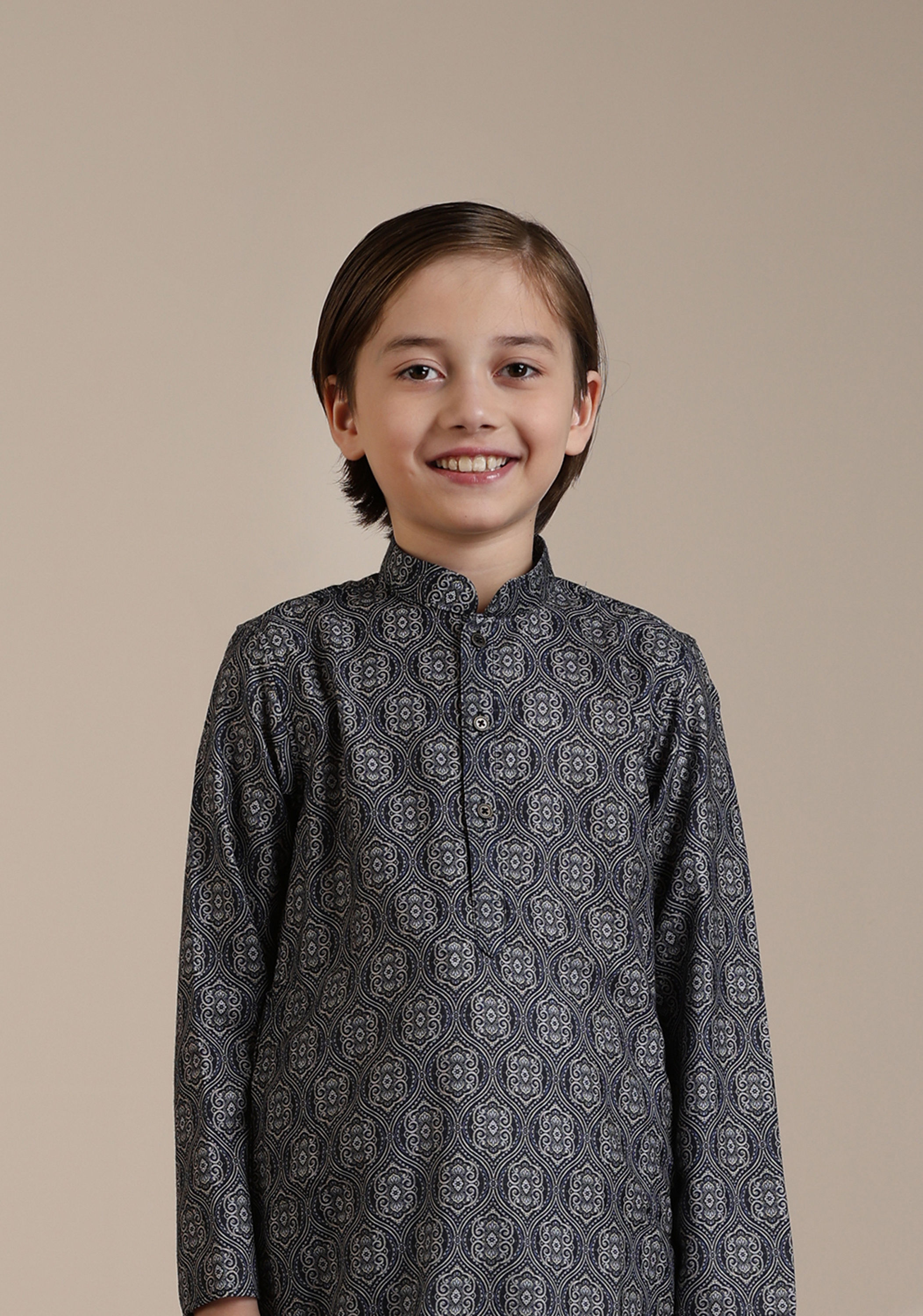 Manyavar Boys Boys Dark Blue Medallion Jaal Patterned Kurta set