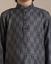 alt message - Manyavar Boys Boys Dark Blue Medallion Jaal Patterned Kurta set image number 1