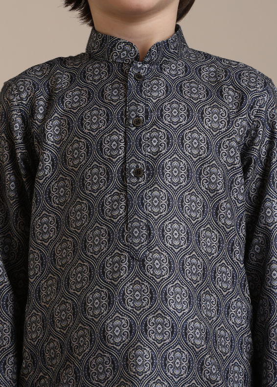 Manyavar Boys Boys Dark Blue Medallion Jaal Patterned Kurta set