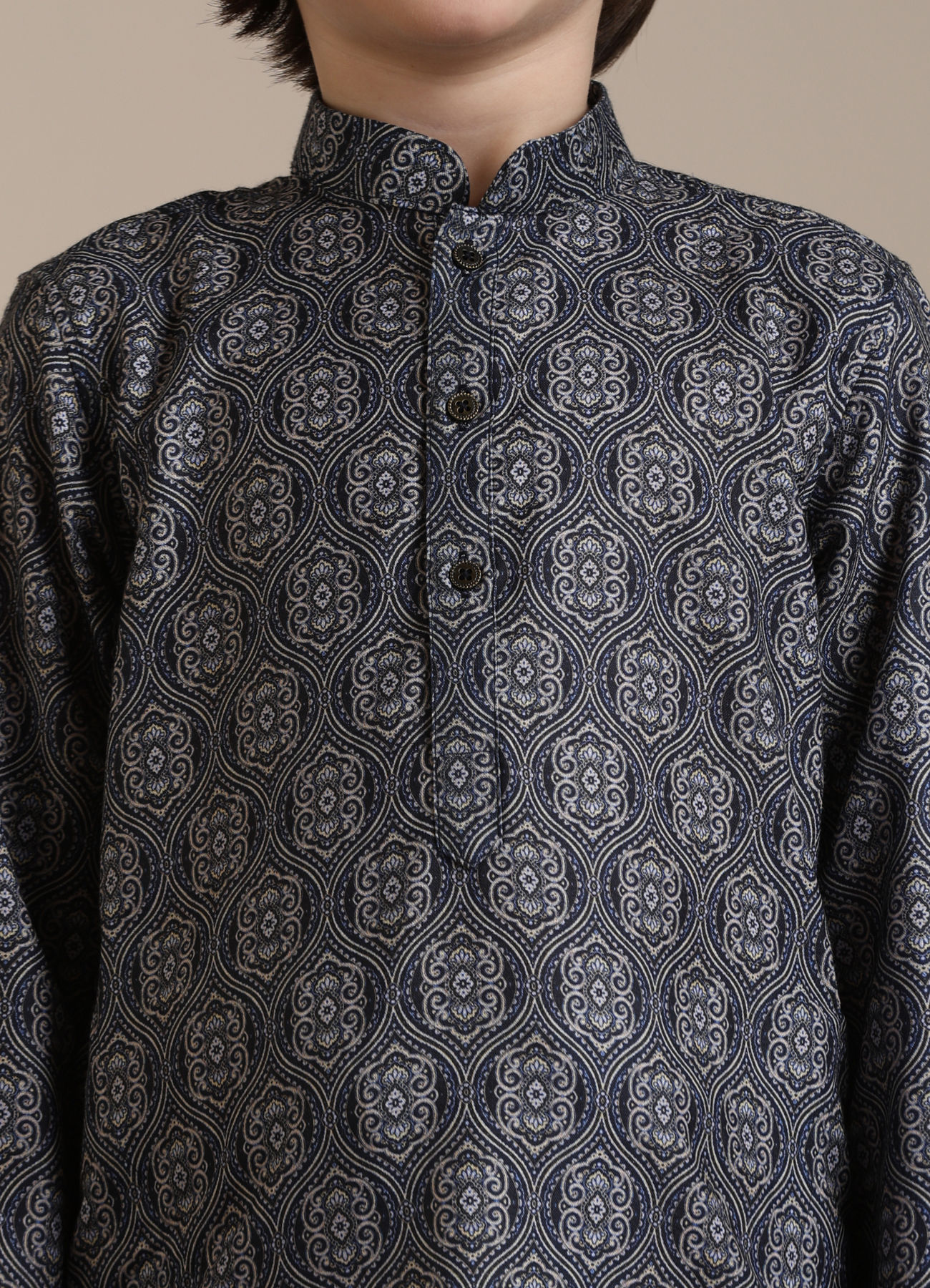 Manyavar Boys Boys Dark Blue Medallion Jaal Patterned Kurta set