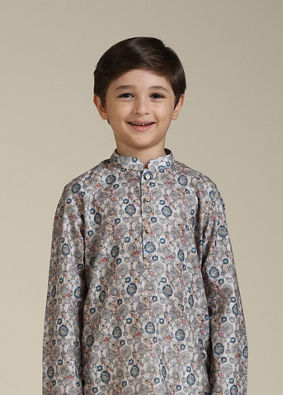 Manyavar Boys Boys Soft Beige Jaal Abstract Patterned Kurta Set image number 0