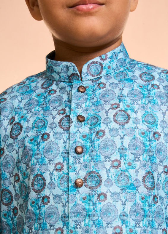 Manyavar Boys Turquoise Blue Youth Kurta Pajama