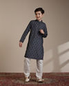 Manyavar Boys Boys Dark Blue Jaal and Medallion Patterned Kurta Set