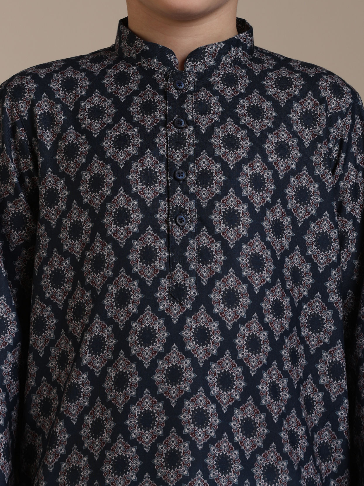 Manyavar Boys Boys Dark Blue Jaal and Medallion Patterned Kurta Set