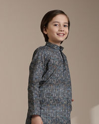 Manyavar Boys Boys Dark Blue Abstract Printed Kurta Set