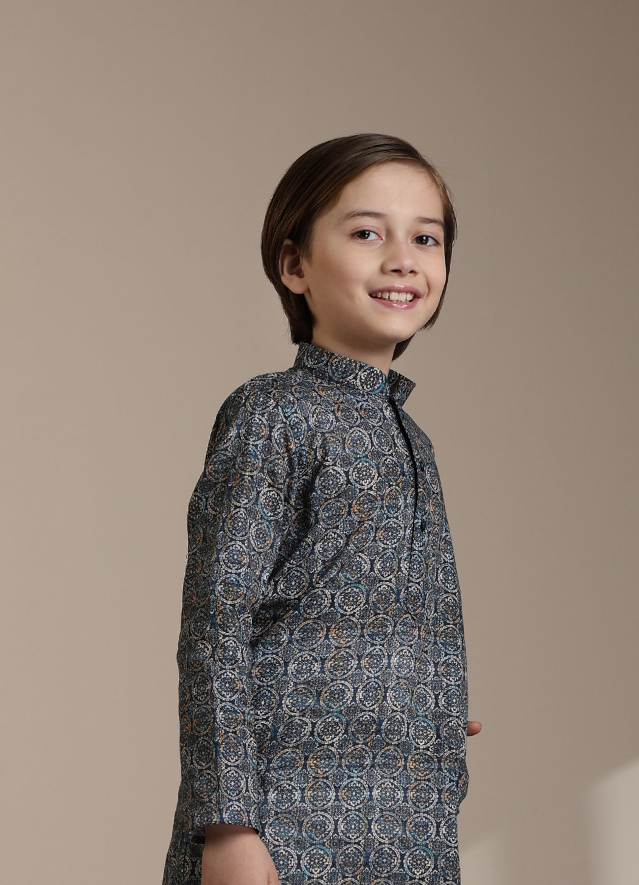 Manyavar Boys Boys Dark Blue Abstract Printed Kurta Set