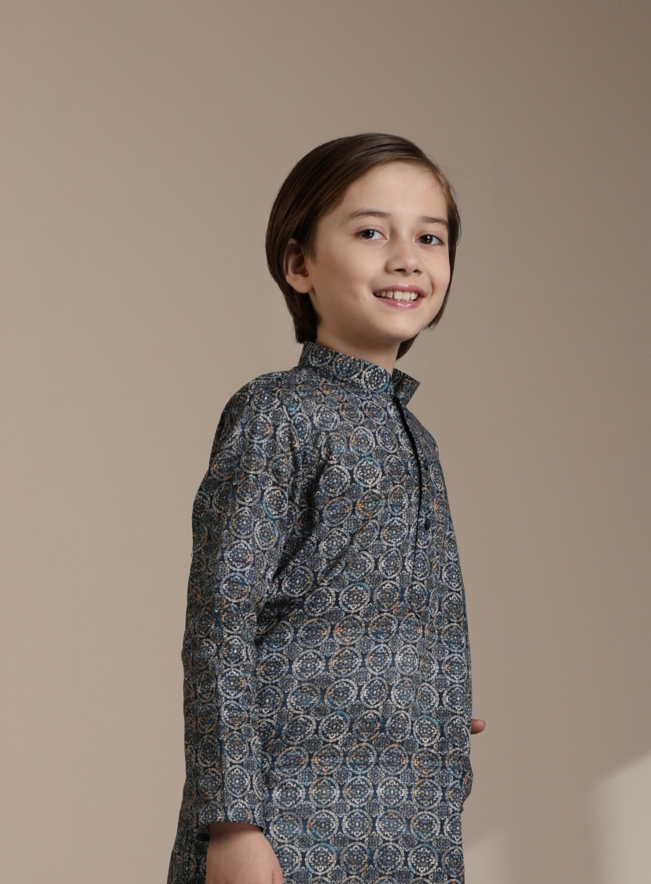 Manyavar Boys Boys Dark Blue Abstract Printed Kurta Set