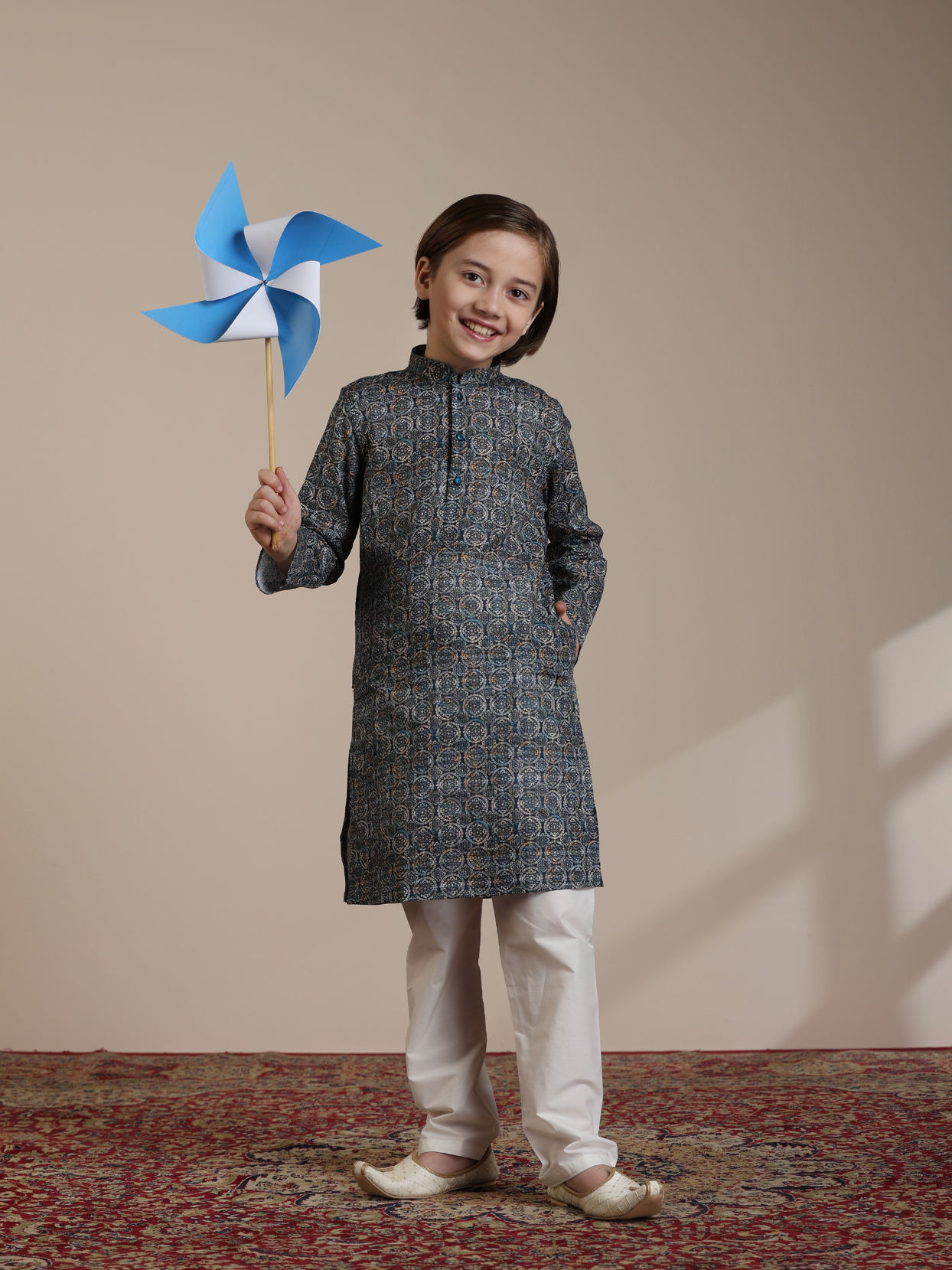 Manyavar Boys Boys Dark Blue Abstract Printed Kurta Set