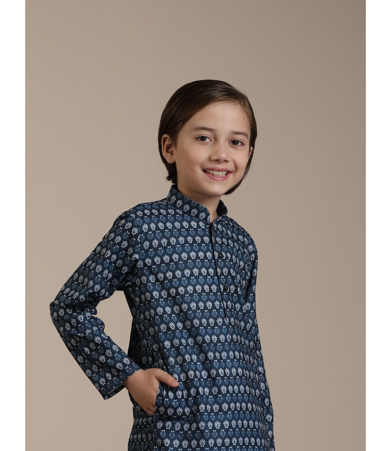 Manyavar Boys Boys Dark Blue Buta Patterned Kurta Set