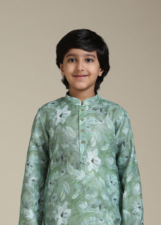 Manyavar Boys Boys Soft Green Floral Printed Kurta Set