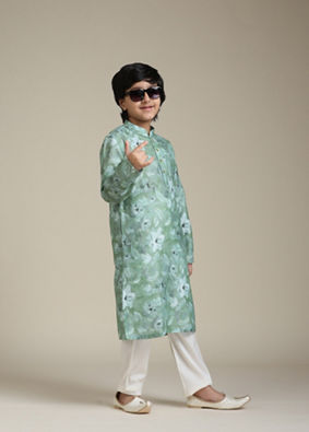 Manyavar Boys Boys Soft Green Floral Printed Kurta Set image number 2