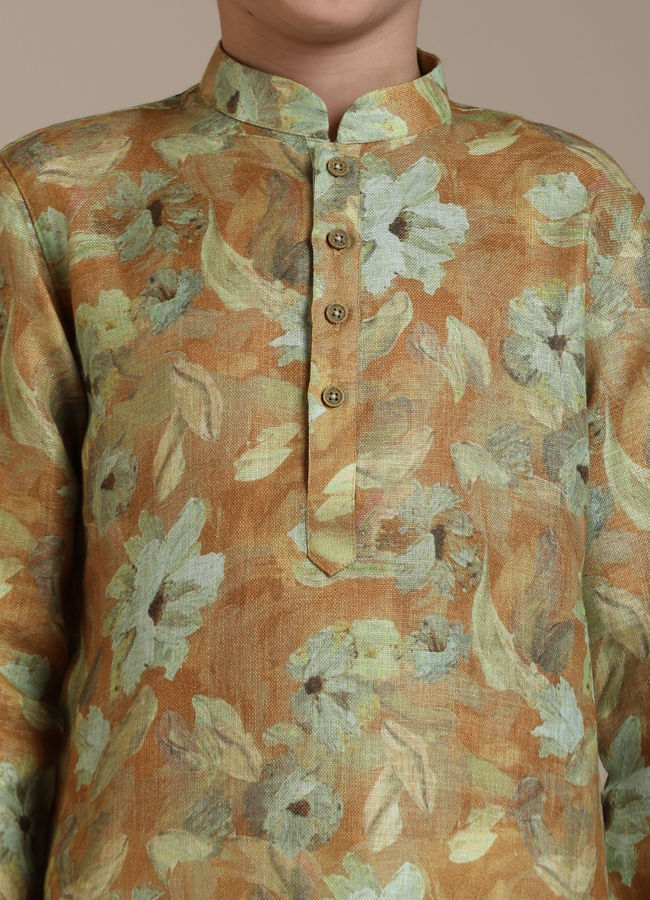 Manyavar Boys Boys Mustard Yellow Floral Patterned Kurta Set