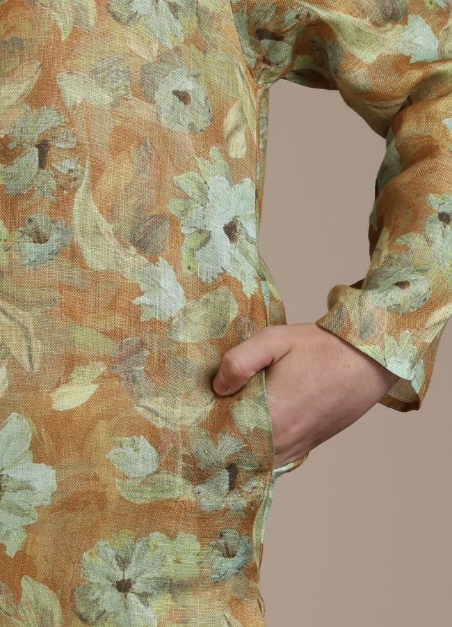 Manyavar Boys Boys Mustard Yellow Floral Patterned Kurta Set