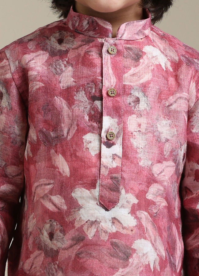 Manyavar Boys Boys Coral Pink Floral Patterned Kurta Set