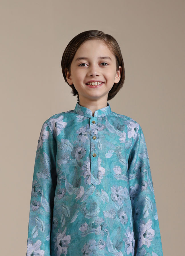 alt message - Manyavar Boys Boys Turquoise Floral Printed Kurta Set image number 0