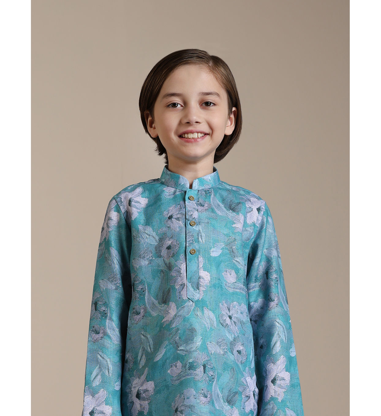 alt message - Manyavar Boys Boys Turquoise Floral Printed Kurta Set image number 0