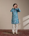 alt message - Manyavar Boys Boys Turquoise Floral Printed Kurta Set image number 2