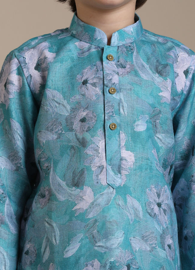 alt message - Manyavar Boys Boys Turquoise Floral Printed Kurta Set image number 1