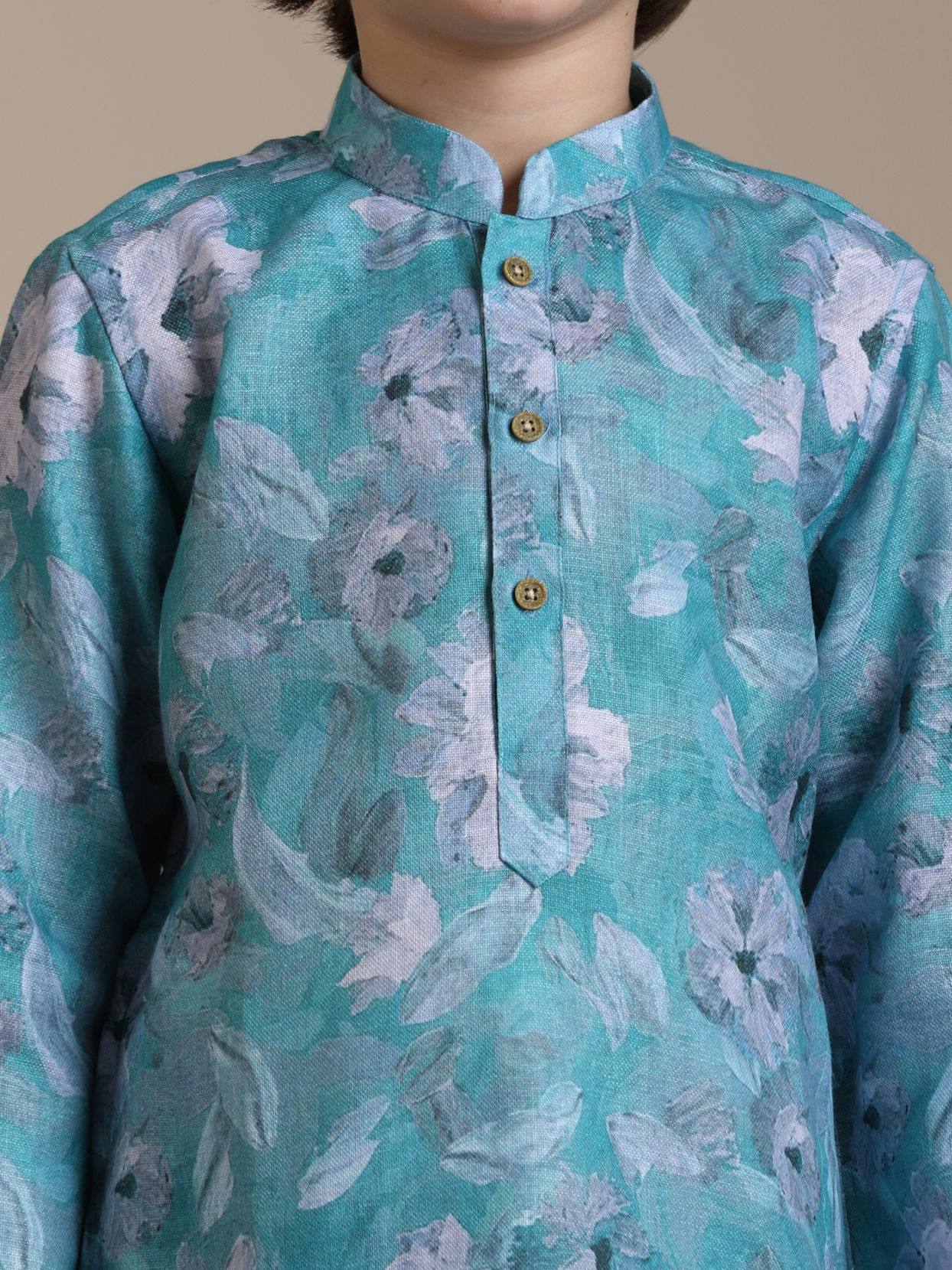 Manyavar Boys Boys Turquoise Floral Printed Kurta Set